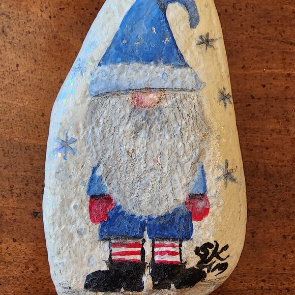 Christmas Holiday Gnome in Blue Santa Outfit with Snow Sparkles on a River Rock - Picture 2 of 10